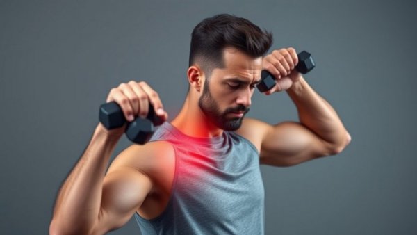Man doing shoulder pain exercises with dumbbells in studio.