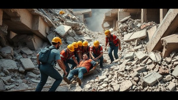 Rescue workers amidst rubble after Israeli strikes in Lebanon.