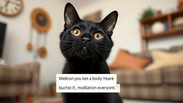 Funny black cat with amusing internet post about shower cap.