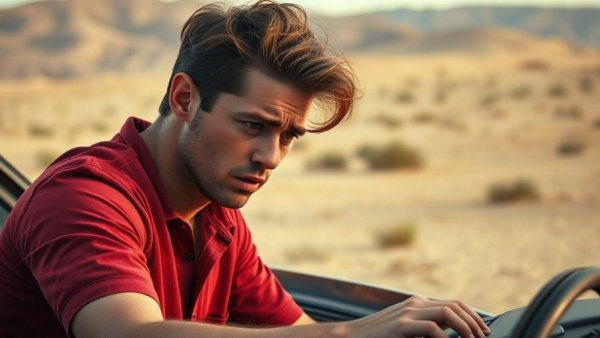 Young man checks car engine in Arizona heat, desert setting.