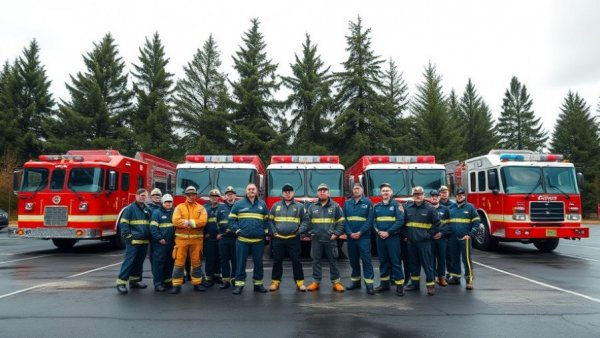 Vancouver local news: firefighters pose with trucks.