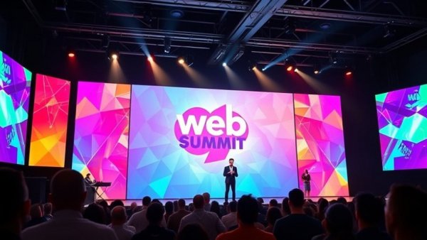 Dynamic presentation at Vancouver Web Summit with colorful backdrop.