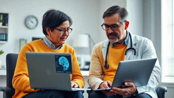 Doctor reviewing brain scan with patient during migraine diagnosis.