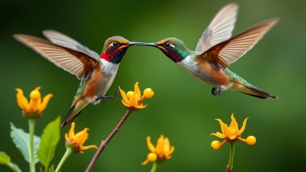 Colorful hummingbirds hovering near yellow berries for bird personality quiz.