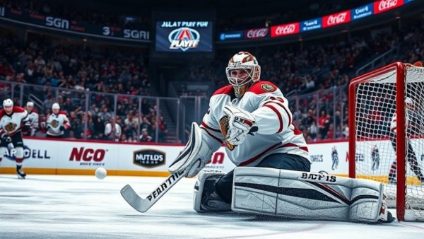 NHL playoff game action with goalie blocking puck.