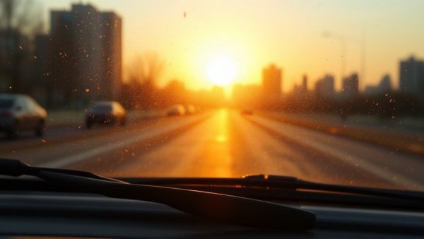 Sunrise view of car windshield with dusty wiper blades, Tennessee.