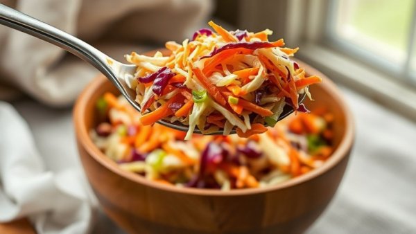 Fresh cabbage slaw recipe on a spoon above a bowl.