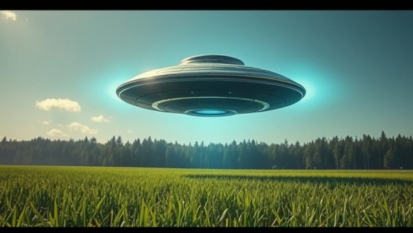 UFO above green field showing demonic forces behind UFO activity.