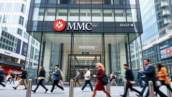 BMO financial building with pedestrians walking past.
