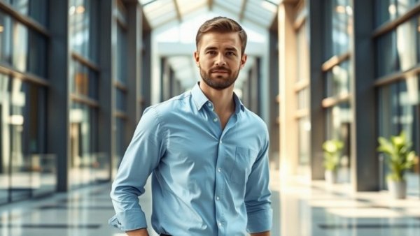 Confident man in blue shirt walking in bright atrium, related to Ilya Sutskever OpenAI trial.