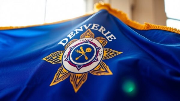 Close-up of Denver Police District 4 flag reflecting news.