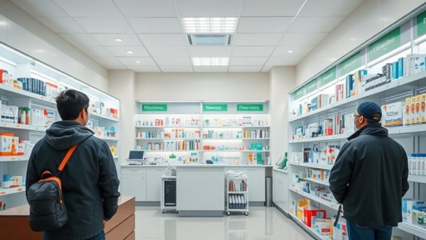 Pharmacy interior with customer at counter, health products displayed.