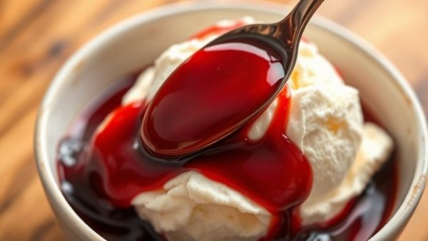 Vanilla ice cream with strawberry balsamic sauce on a wooden table.