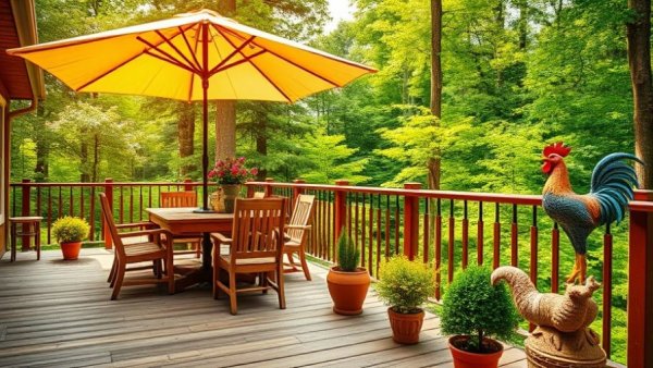 Wooden deck with furniture and plants in Vancouver, bright greenery.