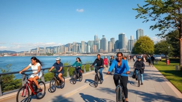 Vancouver BC events: people biking along waterfront with city skyline.