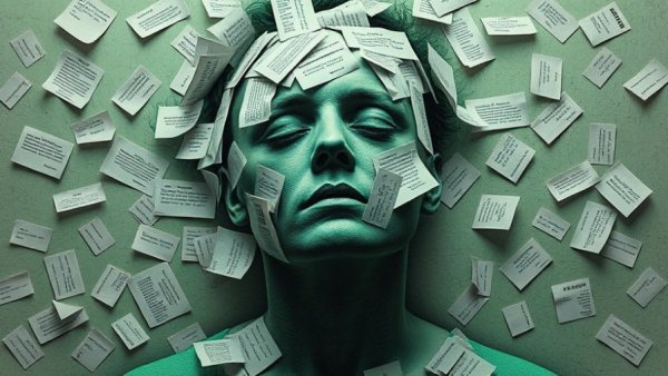 Abstract image of notes covering a figure with Marxist themes