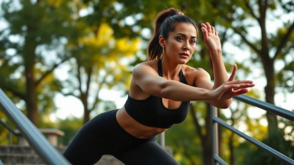 Woman exhibits all-or-nothing mindset in exercise on staircase.