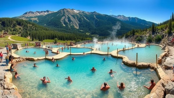 Scenic hot springs in Colorado surrounded by mountains.