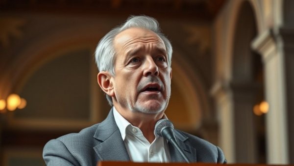 Older man delivers speech on selling airports to finance infrastructure projects.