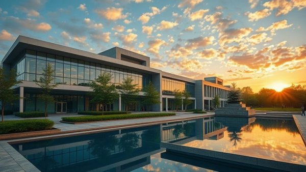 Modern architecture in Vancouver at sunset reflecting on water.