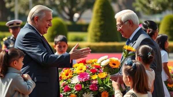 World leaders engage with children at a ceremonial summit.