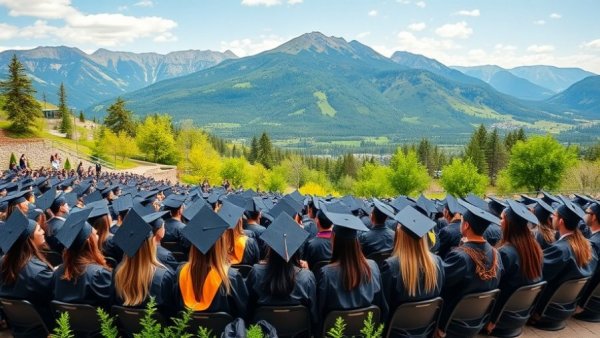 Evergreen High School graduation with students in blue gowns outdoors.