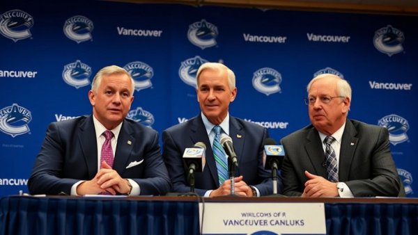 Vancouver Canucks press conference with three men in suits.
