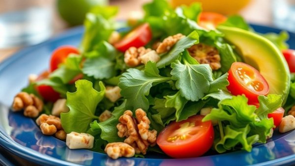 Fresh California salad with avocado and walnuts for families.