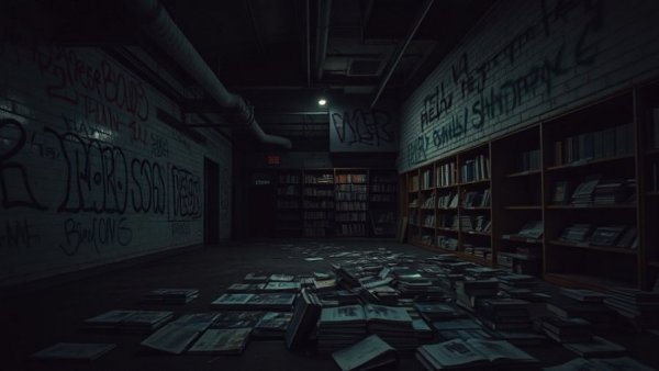 Abandoned bookstore in Denver with graffitied walls and scattered books
