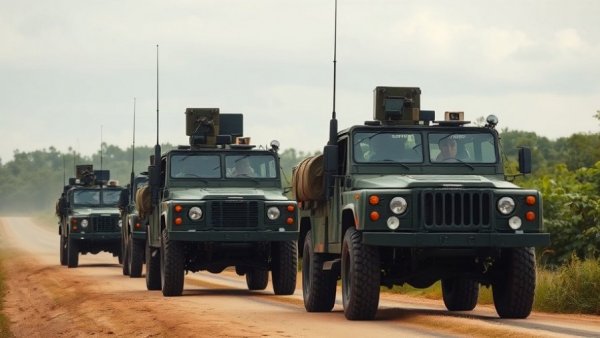 Military convoy on patrol in a rural area, soldiers alert.