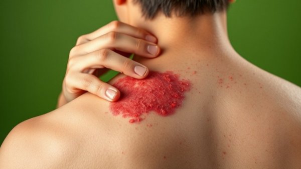 Close-up of psoriasis on a person's back, focused on skin condition.