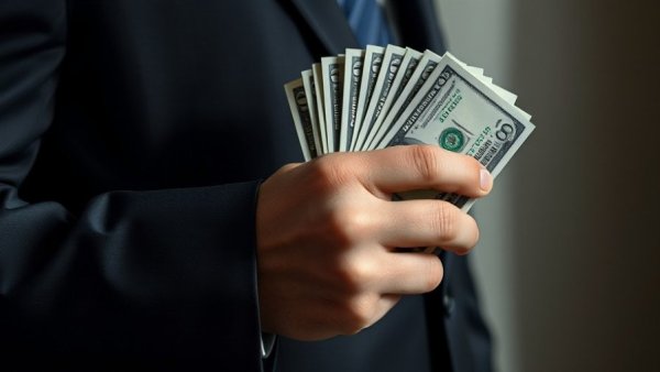Businessman holding stack of money, close-up, investing secrets