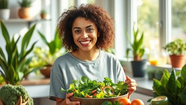 Happy woman enjoying healthy meal for weight loss diabetes prevention.