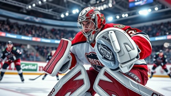 Firebirds goalie in focused defense during shutout win on ice rink.