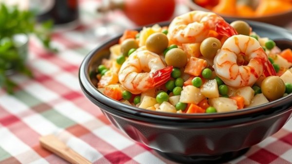 Vibrant Ensaladilla Rusa recipe with shrimp and olives, colorful setting.