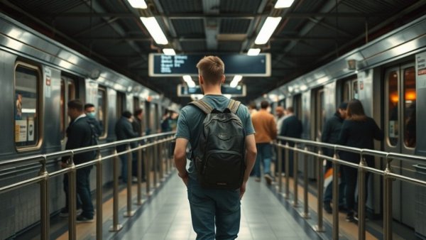Long Island Rail Road strike scene in train station with man walking.