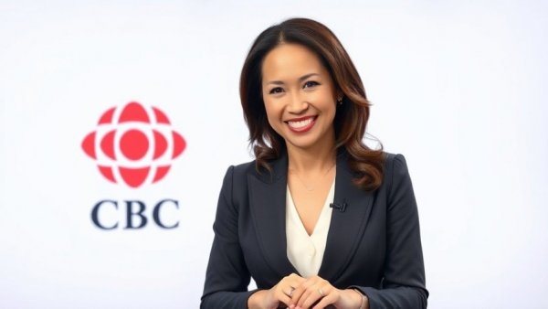 News anchor with CBC Vancouver logo