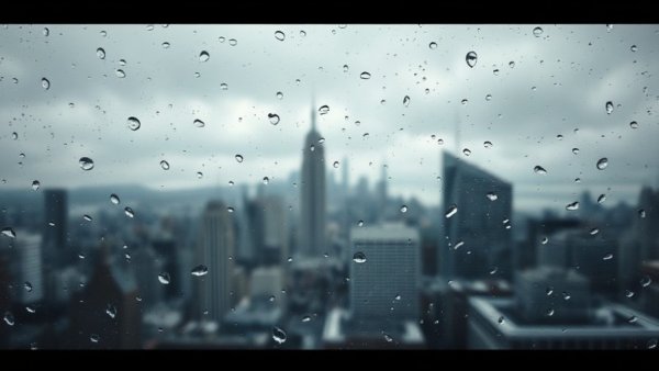 Rainy Denver skyline through car window, urban cityscape.
