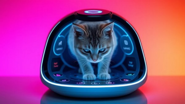 Futuristic cat feeders with digital displays and app controls.