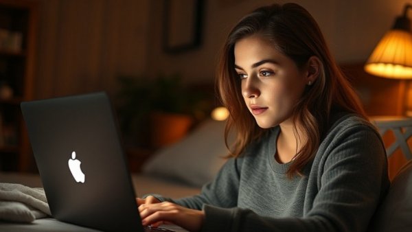 Young woman using a laptop at night, cozy room, highlighting artificial light's heart disease risk.