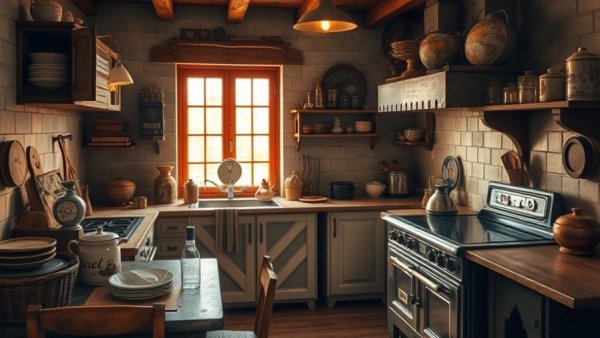 Old World kitchen design trends 2026 with vintage decor and warm lighting.