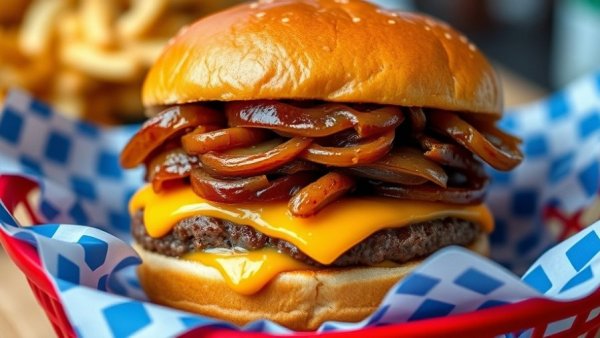 Juicy Memorial Day burger with caramelized onions.