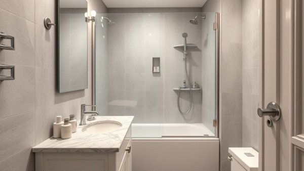 Elegant compact bathroom with chrome fixtures and marble countertop.