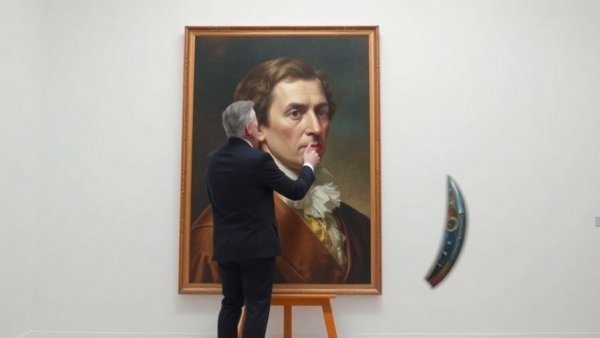 Curator adjusting classical portrait at Hudson's Bay art auction.