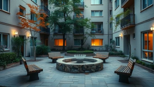 Charming courtyard of Denver apartment complex with trees and benches