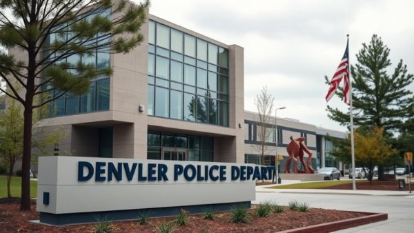 Denver Police Department District 5 sign with building and sculpture