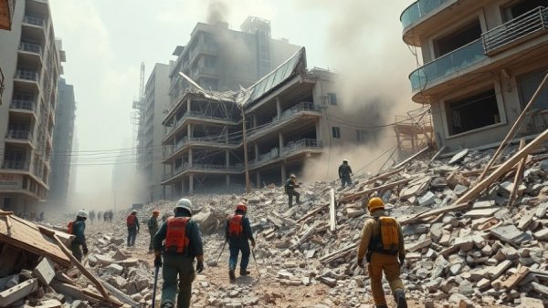 Rescue workers clear debris at collapsed building site.