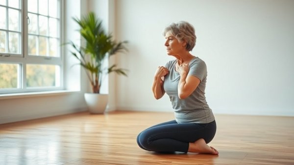 Older woman doing sit to stand exercise in a bright room.