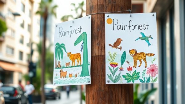 Wholesome child-drawn rainforest conservation posters on a post.
