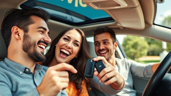 Happy couple receiving car keys, symbolizing new car purchase.